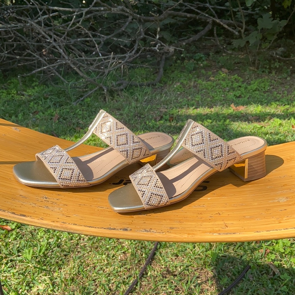 ♥️HP! Andrew Geller Sandals. Tan& gold w/ black, silver& gold jewel studs